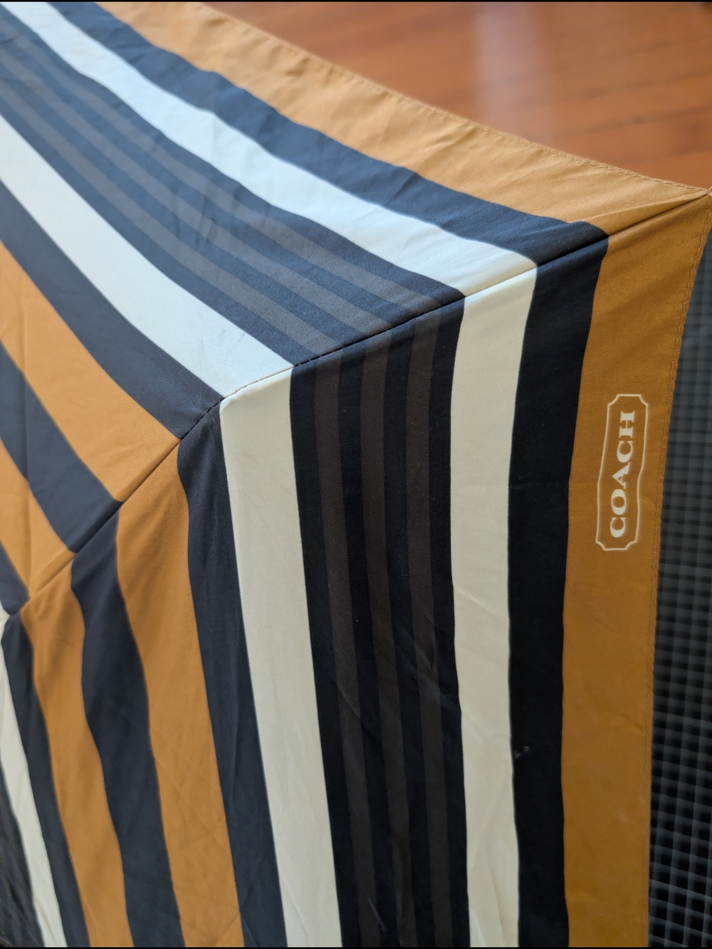 Vintage Coach Striped Compact Umbrella in Black, Cream & Mustard